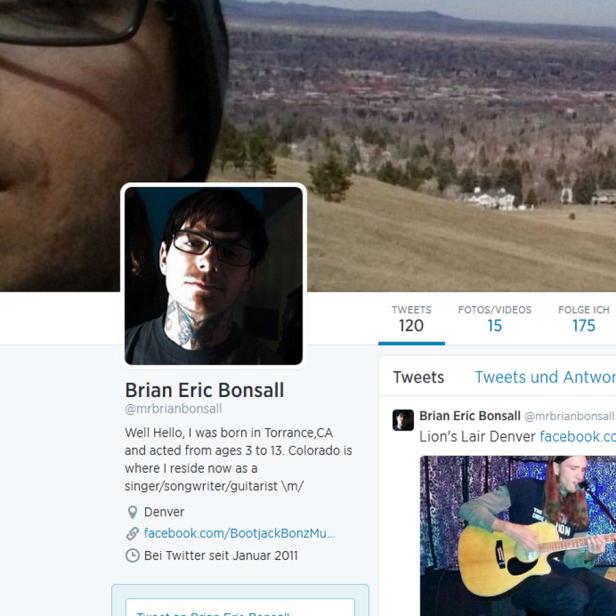 Ein Twitter-Profil von Brian Eric Bonsall mit seinem Foto und einem Landschaftsbild im Hintergrund.