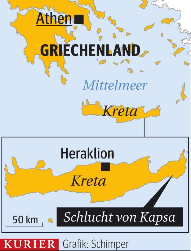 Eine Karte von Griechenland mit Athen, Kreta, Heraklion und der Schlucht von Kapsa.