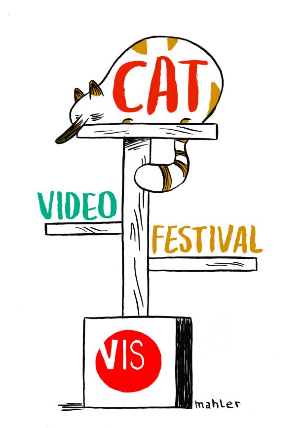 Eine stilisierte Katze auf einem Wegweiser für ein Videofestival namens VIS.