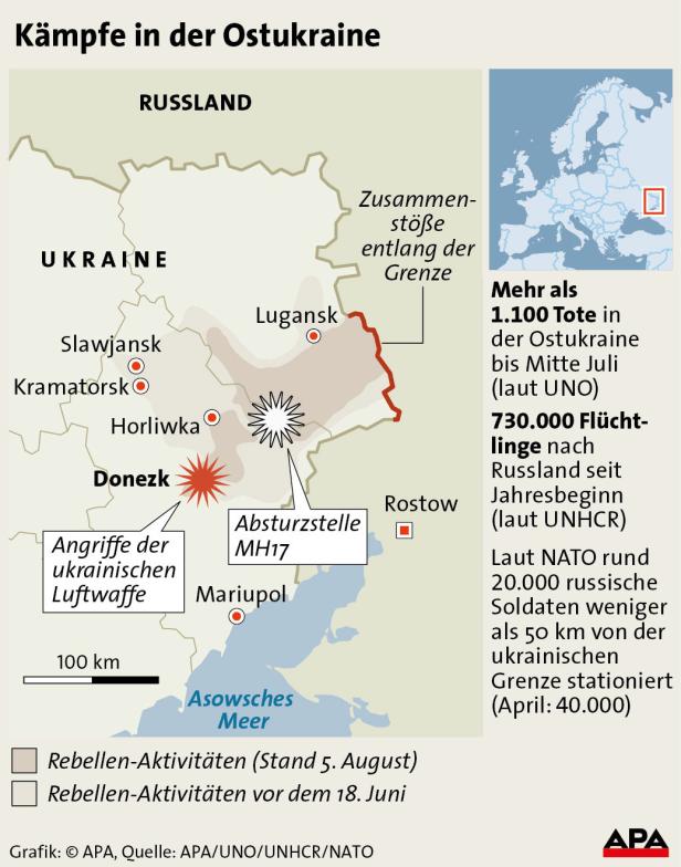 Eine Karte der Ostukraine, die die Lage der Kämpfe und die Absturzstelle MH17 zeigt.