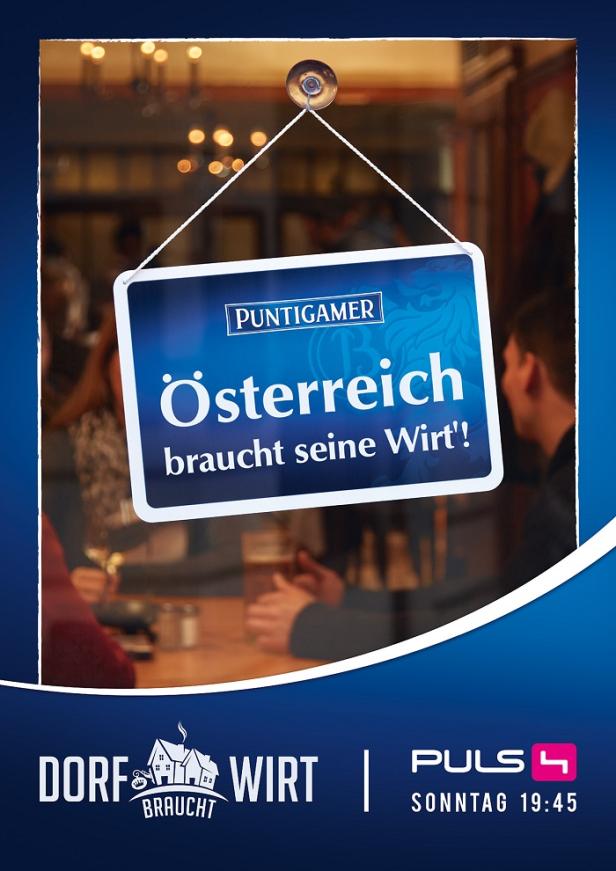 Dorf braucht Wirt - Puntigamer Sujet - Branded Content Format Ein Schild mit der Aufschrift „Österreich braucht seine Wirt‘!“ hängt an der Tür eines Lokals.
