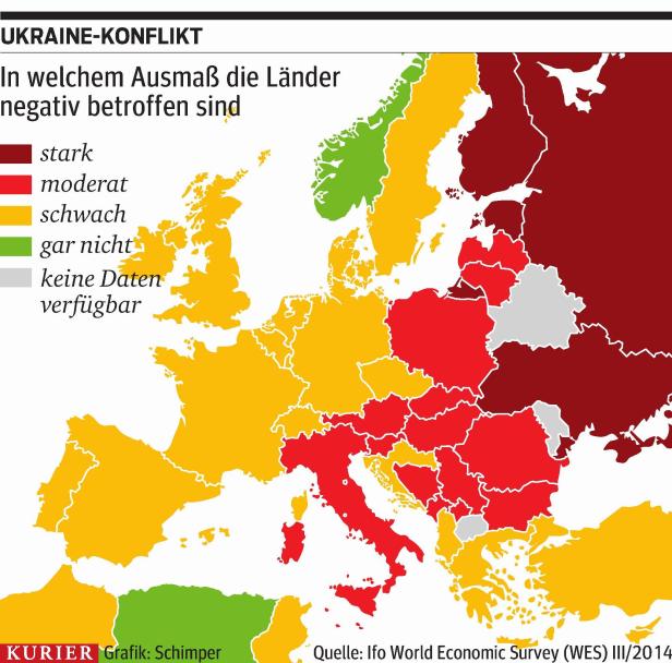 Eine Karte Europas zeigt, in welchem Ausmaß die Länder durch den Ukraine-Konflikt negativ betroffen sind.