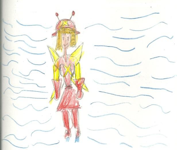 Eine gezeichnete Superheldin mit gelben Flügeln und einem roten Anzug steht vor blauem Hintergrund.