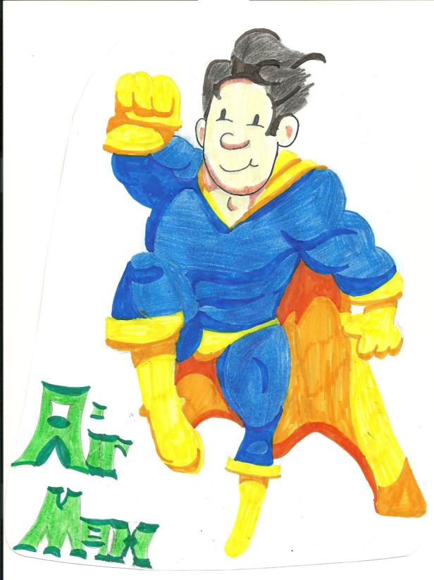 Ein Superheld im blauen Anzug und gelbem Umhang, genannt „Air Max“.