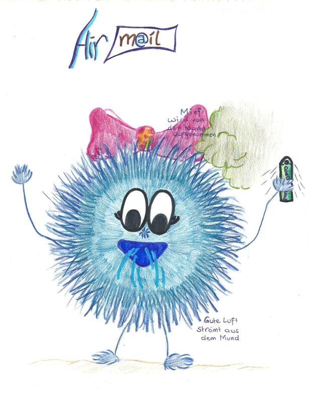 Eine blaue, haarige Kreatur mit einer Schleife und dem Schriftzug „Airmail“ darüber.