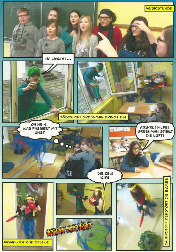 Ein Comic-Strip zeigt die „Airgirl“, die gegen den Bösewicht „Greenman“ kämpft, um die Luft zu retten.