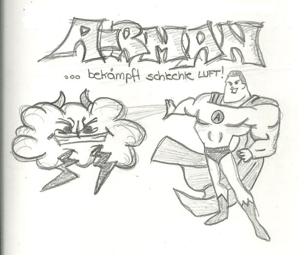 Ein Superheld namens „Airman“ bekämpft eine böse Gewitterwolke.