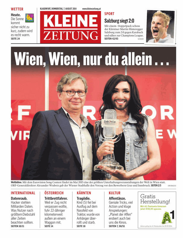 Alexander Wrabetz mit Conchita Wurst und dem Eurovision-Pokal.