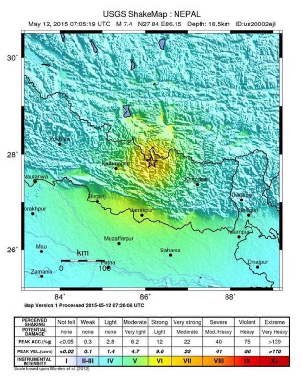 Eine USGS ShakeMap von Nepal, die die Stärke des Erdbebens vom 12. Mai 2015 zeigt.