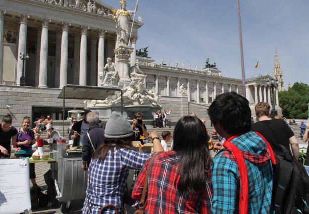 Besucher vor dem österreichischen Parlament in Wien.