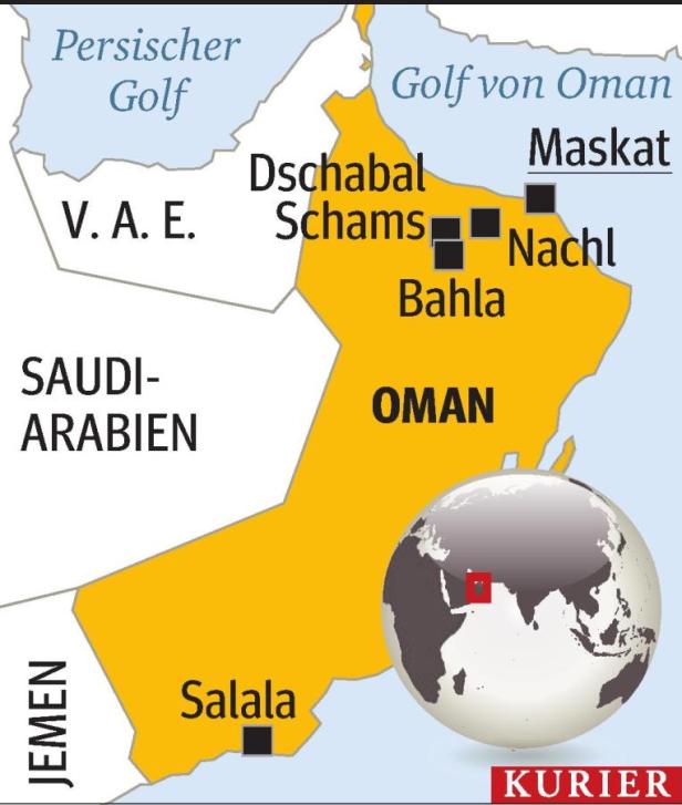 Eine Karte des Oman mit den Städten Maskat, Salala, Bahla und anderen Ortschaften.