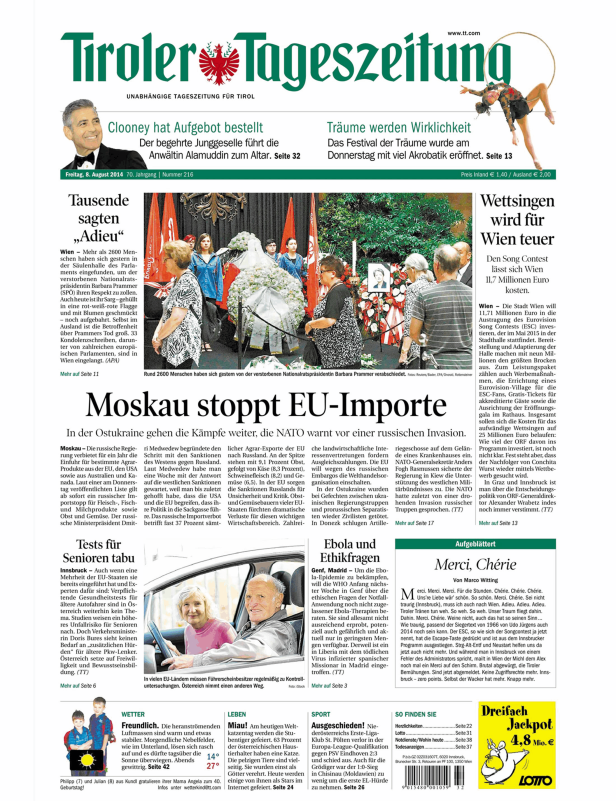 Titelseite der Tiroler Tageszeitung vom 8. August 2014.