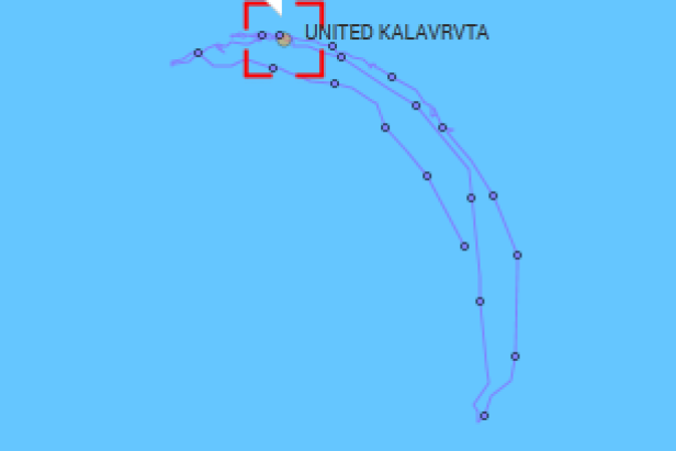 Eine schematische Darstellung einer Küstenlinie mit dem Schriftzug „UNITED KALAVRVTA“.