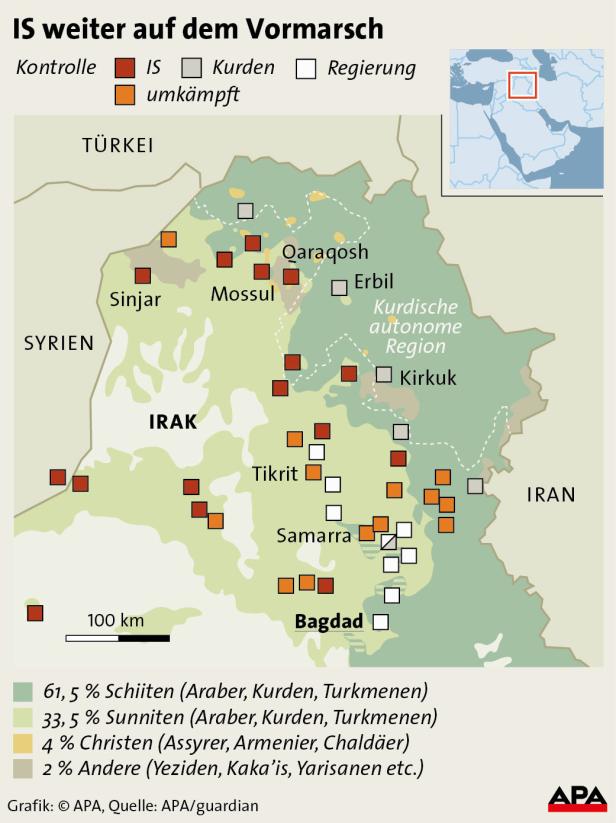 Eine Karte des Irak und Syriens, die die von IS, Kurden und Regierung kontrollierten Gebiete zeigt.