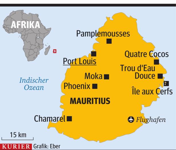 Eine Karte von Mauritius, einer Insel im Indischen Ozean, mit hervorgehobenen Städten wie Port Louis und Phoenix.