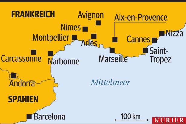 Eine Karte von Südfrankreich und Teilen Spaniens mit eingezeichneten Städten wie Marseille, Nizza und Barcelona.