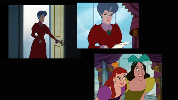 Eine Collage von Lady Tremaine und ihren Töchtern aus dem Film „Cinderella“.