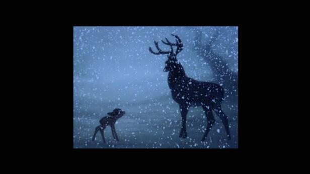 Ein Hirsch und sein Junges stehen im Schneefall.
