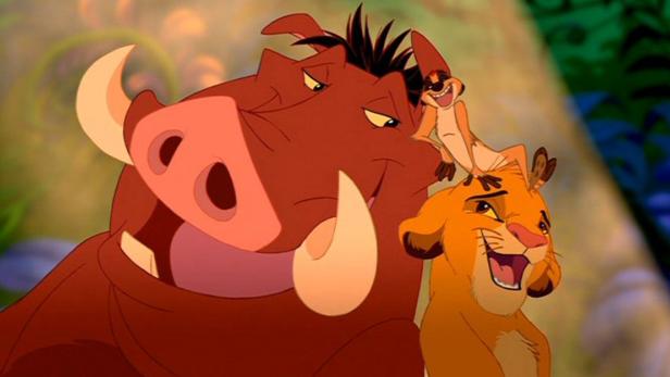 Die Zeichentrickfiguren Simba, Timon und Pumbaa aus „Der König der Löwen“ sind zu sehen.
