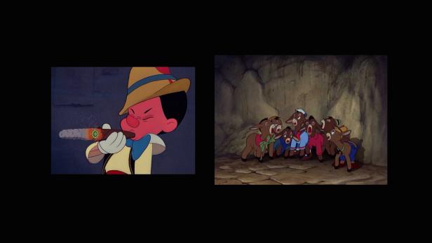 Pinocchio raucht eine Zigarre, während Jungen sich in Esel verwandeln.