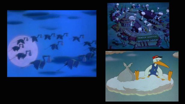 Eine Szene aus dem Disney-Film „Dumbo“ mit Störchen, die Babys bringen, und einem Zirkus-Winterquartier.