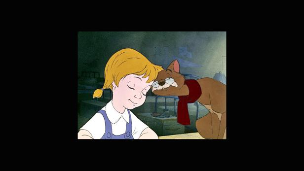 Penny umarmt Rufus, die Katze, in dem Zeichentrickfilm „Bernard und Bianca – Die Mäusepolizei“.