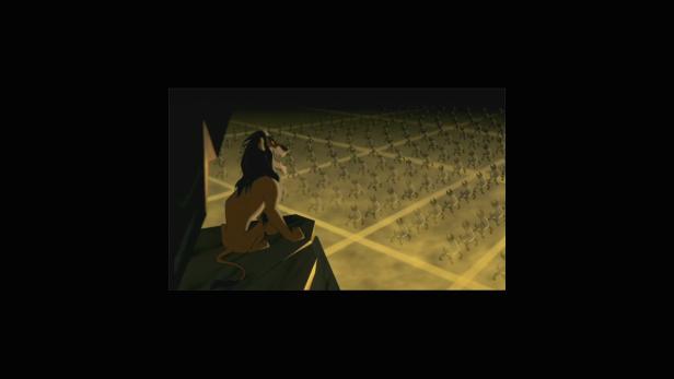Scar aus „Der König der Löwen“ steht auf einem Felsen und blickt auf eine Hyänenarmee.