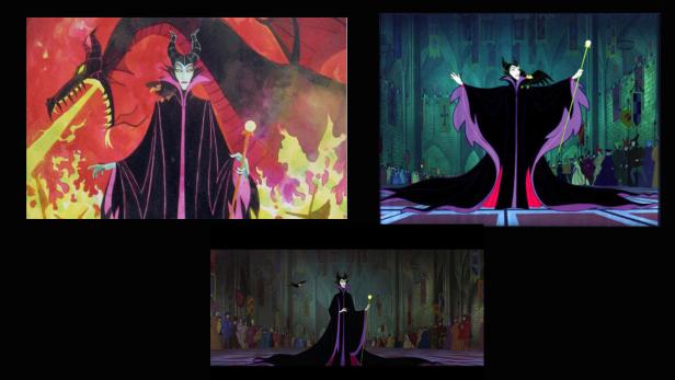Eine Collage zeigt Maleficent, die böse Fee aus „Dornröschen“, mit ihrem Drachen und im Schloss.
