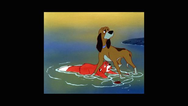 Szene aus dem Zeichentrickfilm „Cap und Capper“, in der ein Fuchs und ein Hund im Wasser stehen.