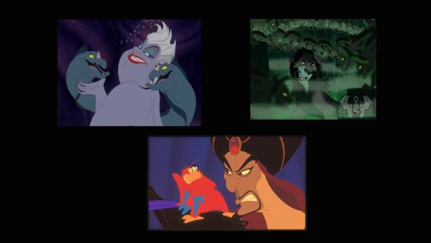 Das Bild zeigt Ursula aus „Arielle, die Meerjungfrau“, Scar aus „Der König der Löwen“ und Dschafar aus „Aladdin“.