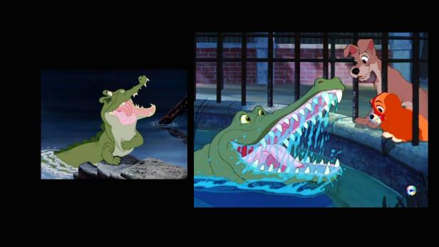 Zwei Krokodile aus Zeichentrickfilmen mit aufgerissenen Mäulern.