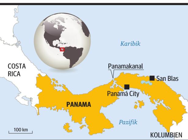 Eine Karte von Panama mit dem Panamakanal, Panama City und San Blas.