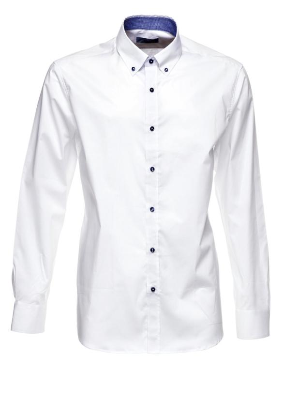 Ein weißes, langärmeliges Hemd mit blauen Knöpfen und blauem Kragen.