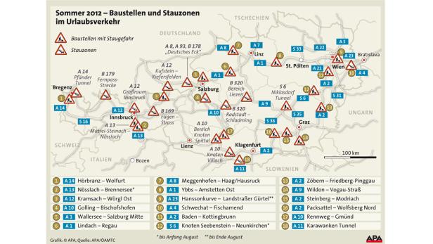 Grafik Eine Karte von Österreich, die Baustellen und Stauzonen im Sommer 2012 zeigt.