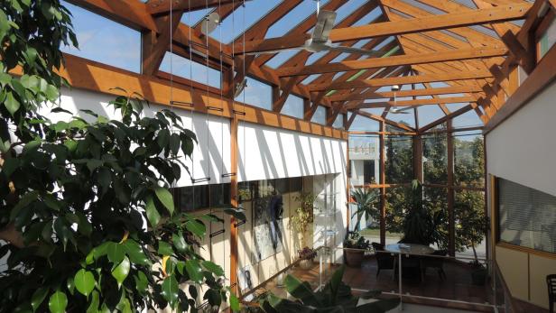 Ein Wintergarten mit Glasdach und tropischen Pflanzen im Innenraum.