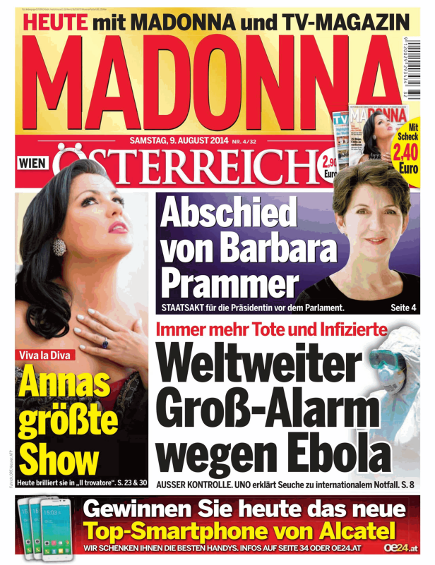 Titelseite der Zeitschrift „Madonna“ vom 9. August 2014 mit Meldungen zu Anna Netrebko, Barbara Prammer und Ebola.