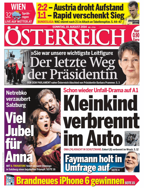 Titelseite der Zeitung „Österreich“ vom 10. August 2014 mit Schlagzeilen zu Politik, Sport und Kultur.