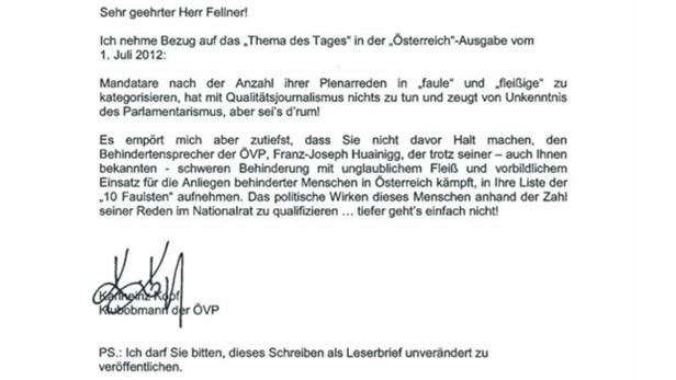Ein Brief von Karlheinz Kopf, Klubobmann der ÖVP, an Herrn Fellner bezüglich eines Artikels vom 1. Juli 2012.