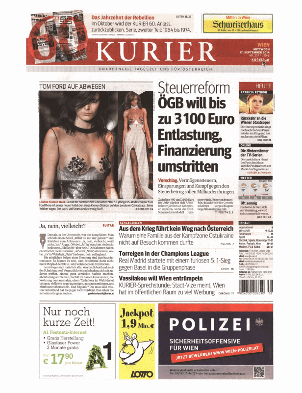 Eine Modenschau von Tom Ford auf der London Fashion Week, abgebildet in der Zeitung „Kurier“.