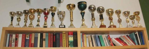Ein Regal mit einer Sammlung von Pokalen und Büchern.