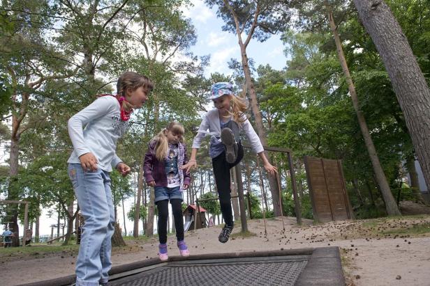 Drei Mädchen springen auf einem Bodentrampolin in einem Wald.
