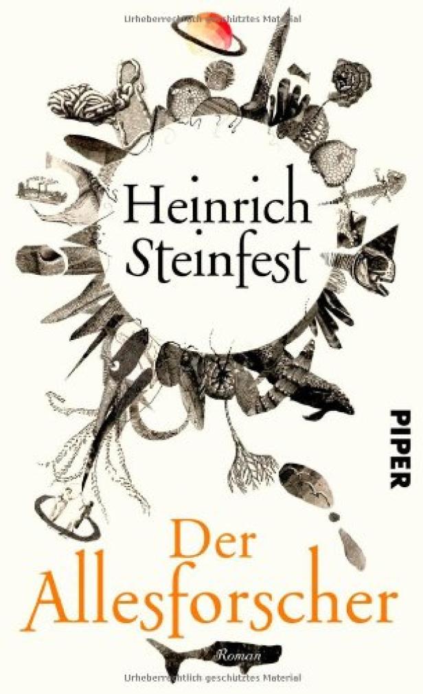 Das Buchcover von Heinrich Steinfests „Der Allesforscher“ zeigt Illustrationen von Meerestieren und Himmelskörpern.