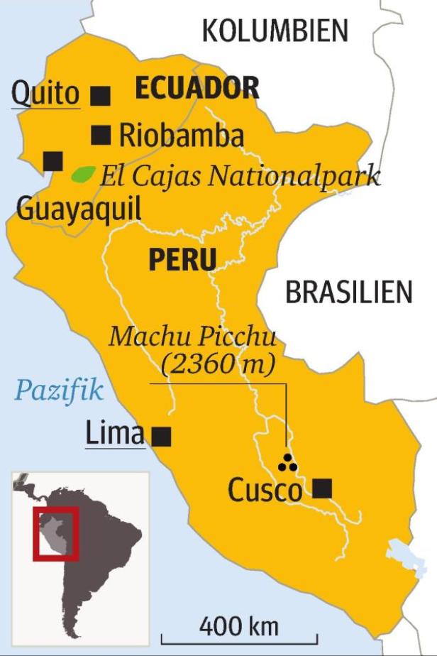 Eine Karte von Ecuador und Peru mit den Städten Quito, Guayaquil, Lima und Cusco.