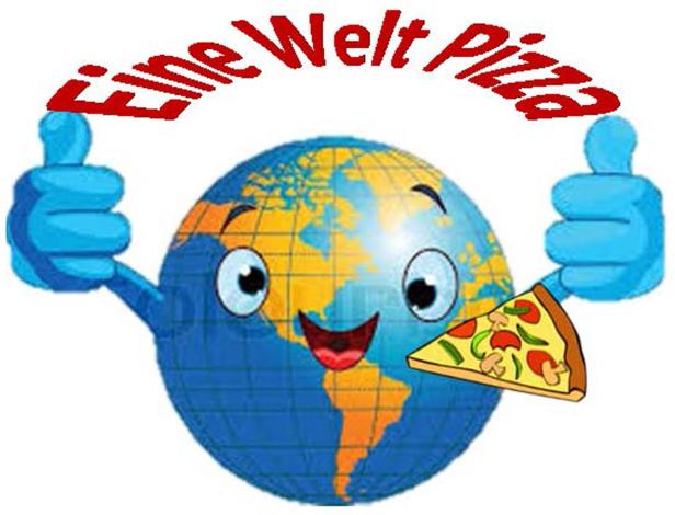 Ein Globus-Cartoon mit Armen hält ein Stück Pizza und trägt den Schriftzug „Eine Welt Pizza“.