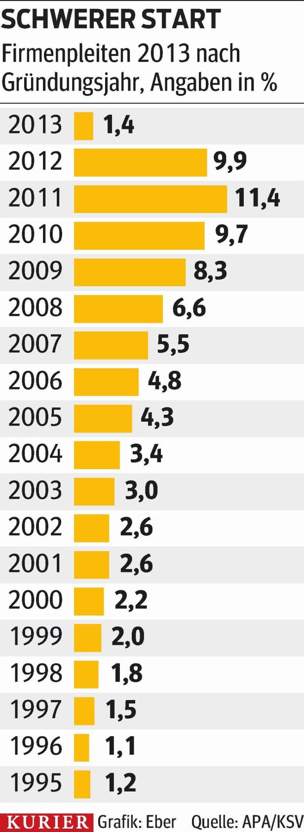 … Eine Grafik zeigt die Firmenpleiten im Jahr 2013 nach Gründungsjahr in Prozent.