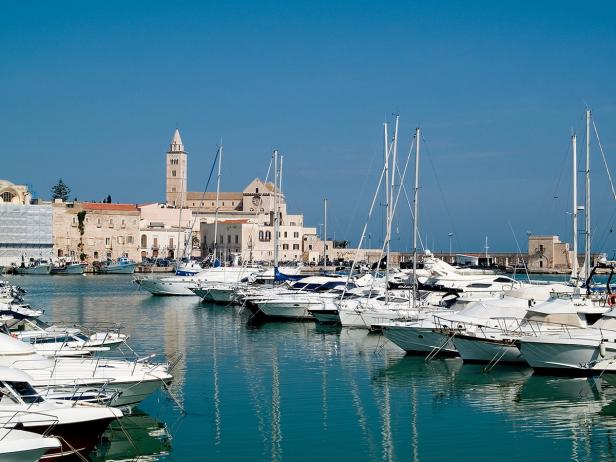 Blick auf den Hafen von Trani, Italien, mit zahlreichen Booten und der Kathedrale im Hintergrund.