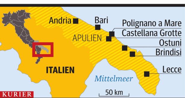 Eine Karte von Apulien in Italien mit den Städten Bari, Brindisi und Lecce.