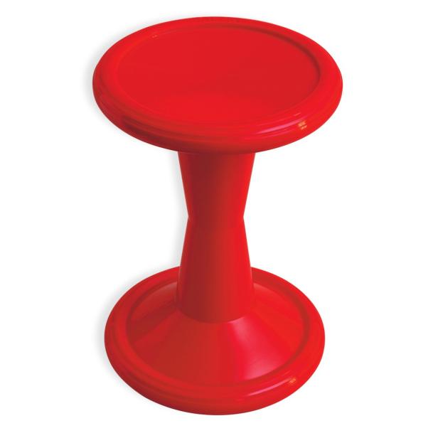 Ein roter, moderner Hocker mit runder Sitzfläche und Fuß steht auf dem Boden.