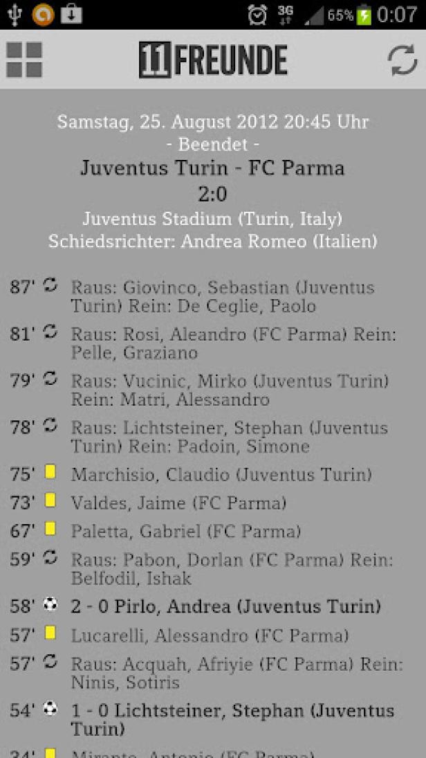 Ein Screenshot der Fußballspiel-Ergebnisse Juventus Turin gegen FC Parma vom 25. August 2012.