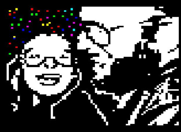 Eine Frau mit Brille feiert mit Konfetti im Gesicht.